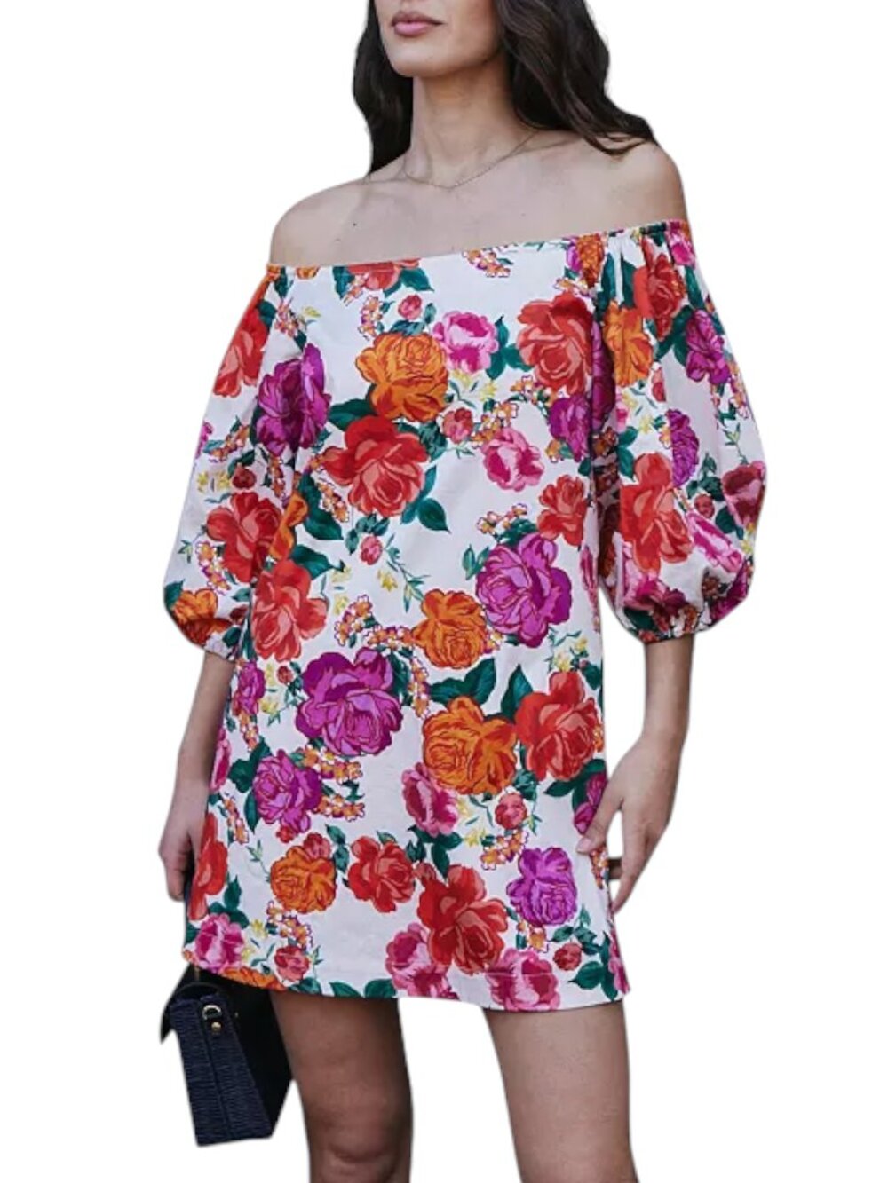 Hermoza Felicity Mini Dress Cotton Floral Pink Red Off-Shoulder Puff Sleeve M